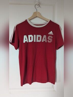 adidas Red Tee with White Logo and Stripes Size L